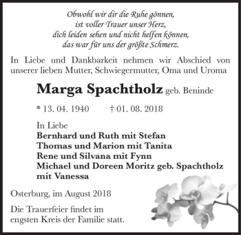 Traueranzeige von Marga Spachtholz (geb. Beninde)  von Magdeburger Volksstimme