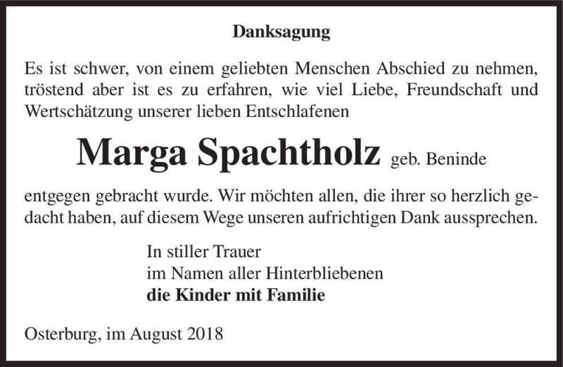  Traueranzeige für Marga Spachtholz (geb. Beninde)  vom 25.08.2018 aus Magdeburger Volksstimme