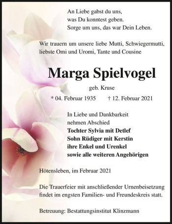 Traueranzeige von Marga Spielvogel (geb. Kruse)  von Magdeburger Volksstimme