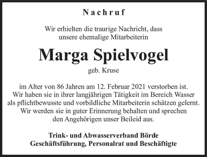  Traueranzeige für Marga Spielvogel (geb. Kruse)  vom 26.02.2021 aus Magdeburger Volksstimme