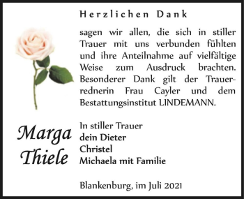 Traueranzeige von Marga Thiele  von Magdeburger Volksstimme