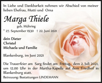 Traueranzeige von Marga Thiele (geb. Mühring)  von Magdeburger Volksstimme