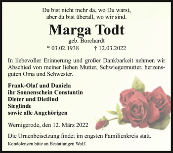 Traueranzeige von Marga Todt (geb. Borchardt)  von Magdeburger Volksstimme