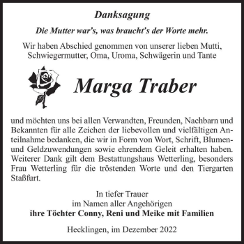 Traueranzeige von Marga Traber  von Magdeburger Volksstimme