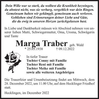 Traueranzeige von Marga Traber (geb. Wald)  von Magdeburger Volksstimme