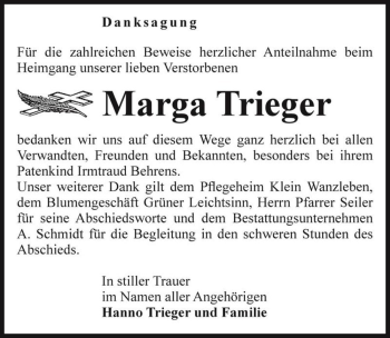 Traueranzeige von Marga Trieger  von Magdeburger Volksstimme
