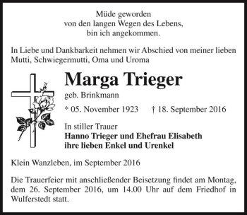 Traueranzeige von Marga Trieger (geb. Brinkmann)  von Magdeburger Volksstimme