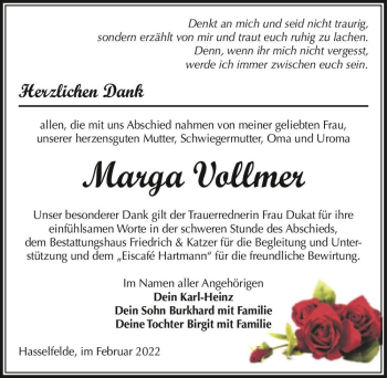 Traueranzeige von Marga Vollmer  von Magdeburger Volksstimme