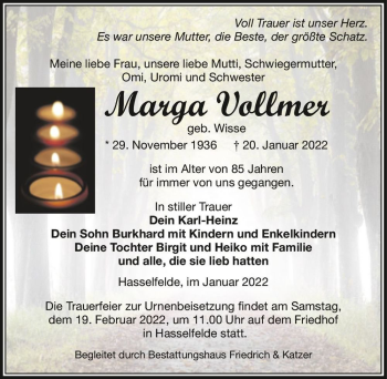 Traueranzeige von Marga Vollmer (geb. Wisse)  von Magdeburger Volksstimme