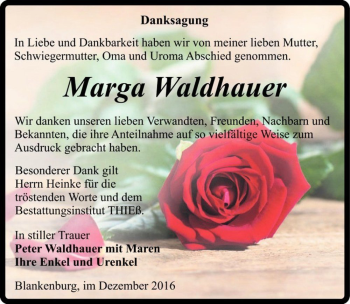 Traueranzeige von Marga Waldhauer  von Magdeburger Volksstimme