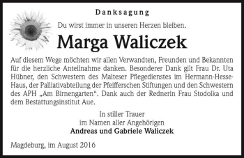 Traueranzeige von Marga Waliczek  von Magdeburger Volksstimme