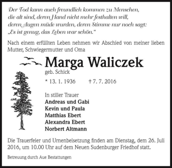 Traueranzeige von Marga Waliczek (geb. Schick)  von Magdeburger Volksstimme