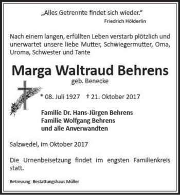 Traueranzeige von Marga Waltraud Behrens (geb. Benecke)  von Magdeburger Volksstimme
