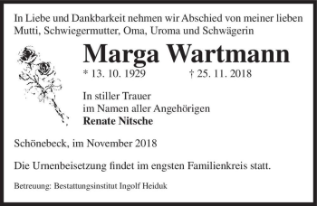 Traueranzeige von Marga Wartmann  von Magdeburger Volksstimme