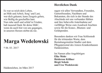 Traueranzeige von Marga Wedelowski  von Magdeburger Volksstimme