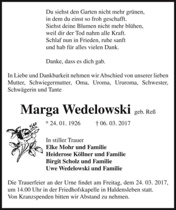 Traueranzeige von Marga Wedelowski (geb. Reß)  von Magdeburger Volksstimme