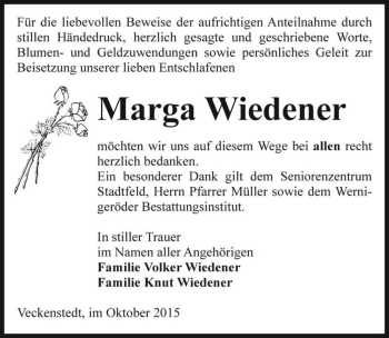 Traueranzeige von Marga Wiedener  von Magdeburger Volksstimme