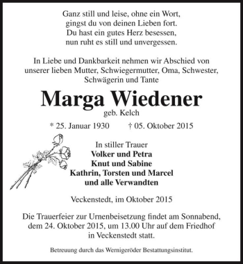 Traueranzeige von Marga Wiedener (geb. Kelch)  von Magdeburger Volksstimme