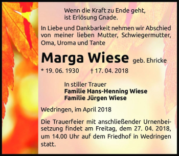 Traueranzeige von Marga Wiese (geb. Ehricke)  von Magdeburger Volksstimme