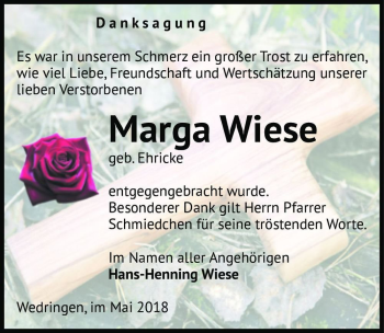 Traueranzeige von Marga Wiese (geb. Ehricke)  von Magdeburger Volksstimme