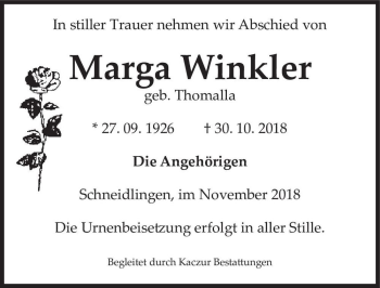 Traueranzeige von Marga Winkler (geb. Thomalla)  von Magdeburger Volksstimme