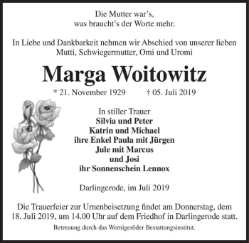 Traueranzeige von Marga Woitowitz  von Magdeburger Volksstimme