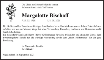 Traueranzeige von Margalotte Bischoff  von Magdeburger Volksstimme