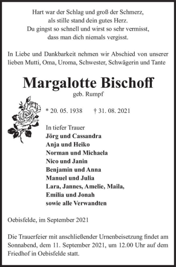 Traueranzeige von Margalotte Bischoff (geb. Rumpf)  von Magdeburger Volksstimme