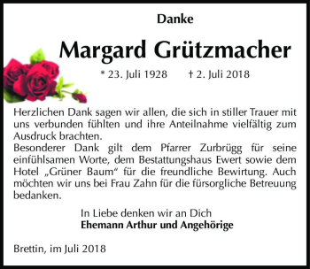 Traueranzeige von Margard Grützmacher  von Magdeburger Volksstimme