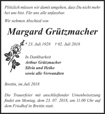 Traueranzeige von Margard Grützmacher  von Magdeburger Volksstimme