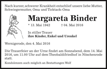 Traueranzeige von Margareta Binder  von Magdeburger Volksstimme