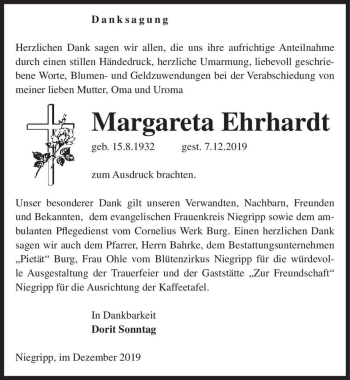 Traueranzeige von Margareta Ehrhardt  von Magdeburger Volksstimme