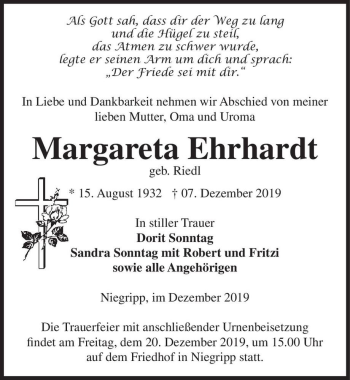 Traueranzeige von Margareta Ehrhardt (geb. Riedl)  von Magdeburger Volksstimme