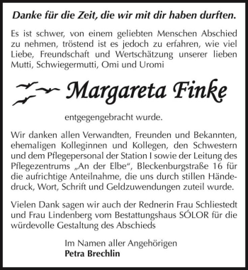 Traueranzeige von Margareta Finke  von Magdeburger Volksstimme