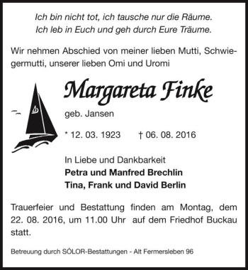 Traueranzeige von Margareta Finke (geb. Jansen)  von Magdeburger Volksstimme