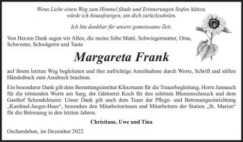 Traueranzeige von Margareta Frank  von Magdeburger Volksstimme