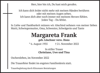 Traueranzeige von Margareta Frank (geb. Löschner verw. Hons)  von Magdeburger Volksstimme