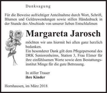 Traueranzeige von Margareta Jarosch  von Magdeburger Volksstimme