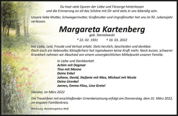 Traueranzeige von Margareta Kartenberg (geb. Stanislawski)  von Magdeburger Volksstimme