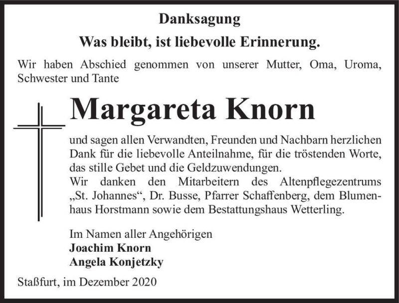  Traueranzeige für Margareta Knorn  vom 05.12.2020 aus Magdeburger Volksstimme