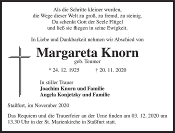 Traueranzeige von Margareta Knorn (geb. Teumer)  von Magdeburger Volksstimme
