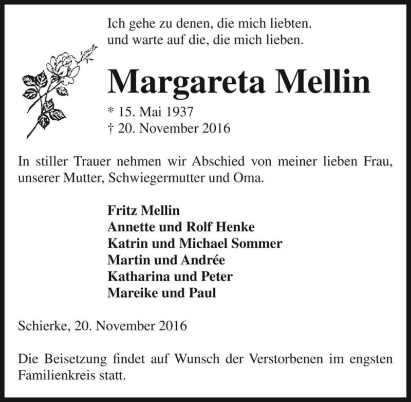  Traueranzeige für Margareta Mellin  vom 26.11.2016 aus Magdeburger Volksstimme
