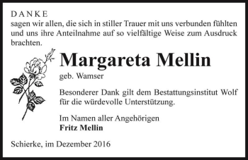 Traueranzeige von Margareta Mellin (geb. Wamser)  von Magdeburger Volksstimme