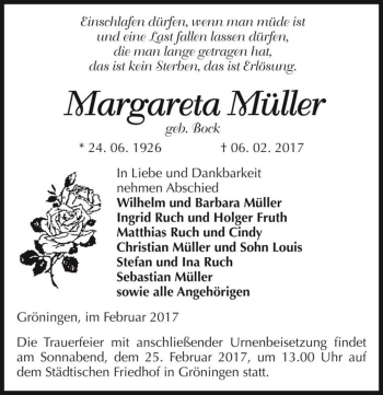 Traueranzeige von Margareta Müller (geb. Bock)  von Magdeburger Volksstimme
