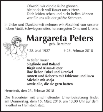 Traueranzeige von Margareta Peters (geb. Bareither)  von Magdeburger Volksstimme
