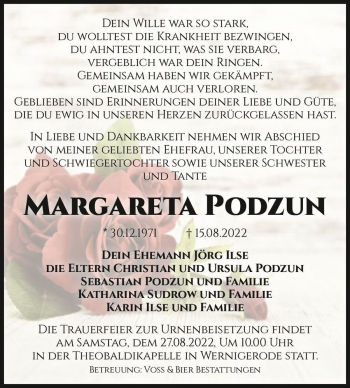Traueranzeige von Margareta Podzun  von Magdeburger Volksstimme