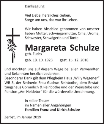 Traueranzeige von Margareta Schulze (geb. Fuchs)  von Magdeburger Volksstimme