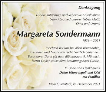 Traueranzeige von Margareta Sondermann  von Magdeburger Volksstimme