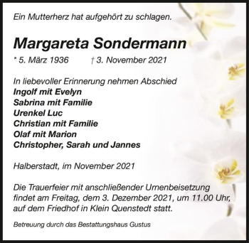 Traueranzeige von Margareta Sondermann  von Magdeburger Volksstimme