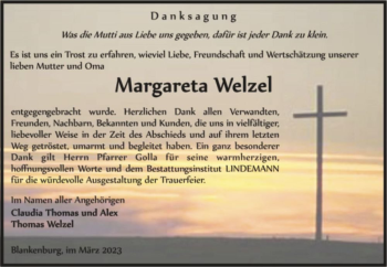 Traueranzeige von Margareta Welzel  von Magdeburger Volksstimme
